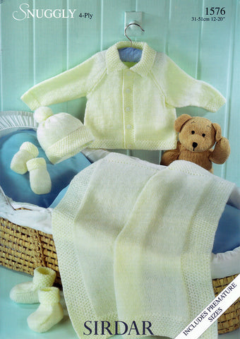 Jacket, Hat, Mittens, Bootees and Blanket in Sirdar Snuggly 4 Ply (1576)