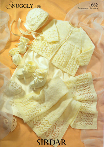 Matinee Coat, Bonnet, Mittens, Bootees & Blanket in Sirdar Snuggly 4 Ply (1662)