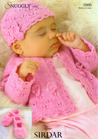 Cardigan, Hat & Shoes in Sirdar Snuggly 4 Ply (1666)
