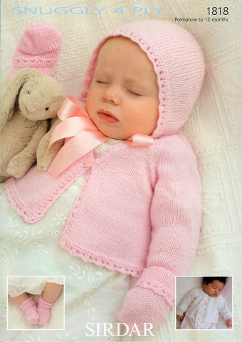 Cardigans, Bonnet, Mittens & Bootees in Sirdar Snuggly 4 Ply (1818)