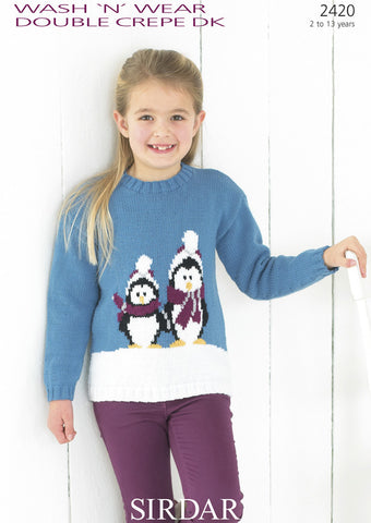 Girl’s Round Neck Sweater with Penguin Motif in Sirdar Wash 'n' Wear Double Crepe DK (2420)