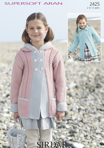 Girls Hooded Cabled Coat in Sirdar Supersoft Aran (2425)