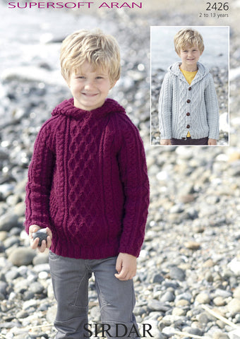Boys Hooded Cable Sweater and Cardigan in Supersoft Aran (2426)