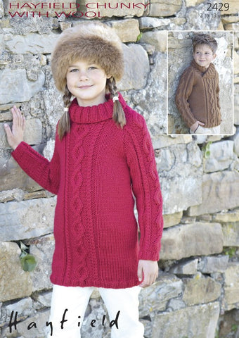 Girls Polo-Neck Sweater Dress and Boys Wrap-Neck Cable Sweater in Hayfield Chunky With Wool (2429)