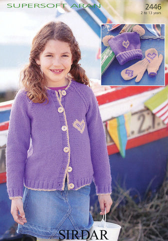 Girls Round Neck Cragigan with Heart Motif, Mittens and Hat in Sirdar Supersoft Aran (2446)
