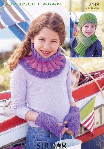 Rib Scarf, Rib/Bobble Snood and Irish Moss Pull on Hat and Mittens in Sirdar Supersoft Aran (2449)