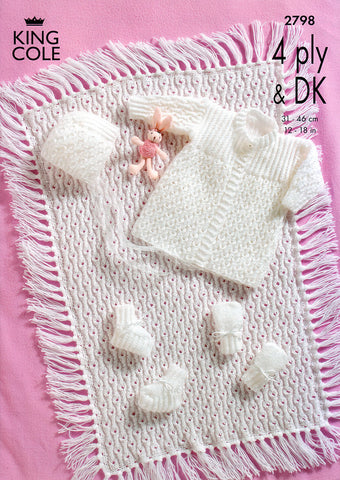 Matinee Coat, Bonnet, Booties, Mitts and Pram Cover in King Cole DK & 4 Ply (2798)
