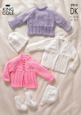Sweater, Cardigans, Bonnet, Hat & Bootees in King Cole DK (2913)