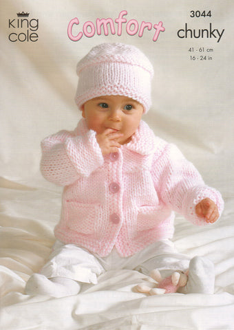 Jacket, Sweater, Crossover Cardigan and Hat in King Cole Comfort Chunky (3044)