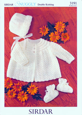 Matinee Coat, Bonnet and Bootees in Sirdar Snuggly DK (3191)