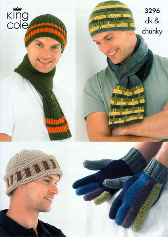 Mens Hats, Scarves and Gloves in King Cole DK and King Cole Chunky (3296)