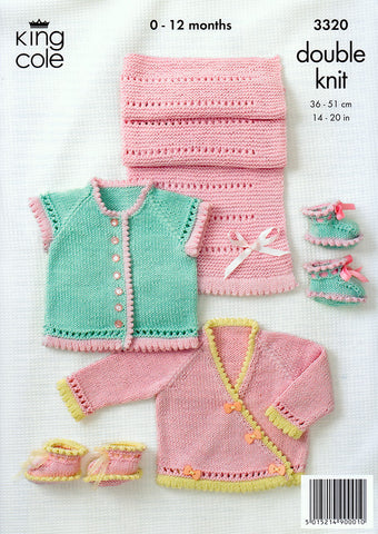 Round Neck Cardigan, Crossover Cardigan, Shoes and Pram Cover in King Cole Bamboo Cotton DK (3320)