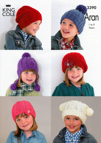 Children's Hats in King Cole Comfort Aran (3390)