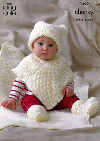 Babies Hat, Poncho, Bootees & Blanket in King Cole Comfort Chunky (3392)