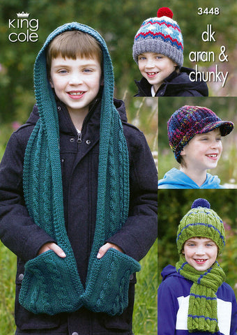 Boy's Hats, Scarf & Hooded Scarf in King Cole DK, Aran and Chunky (3448)