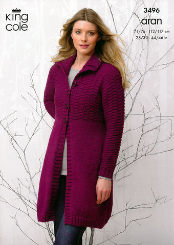 Coat and Hooded Cardigan in King Cole Aran (3496)