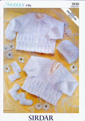 Cardigans, Hat, Mittens and Bootees in Sirdar Snuggly 4 Ply (3930)