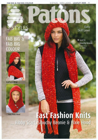 Ribby Scarf, Slouchy Beanie & Pixie Hood in Patons Fab Big (3939)