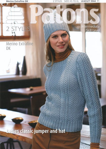 Ladies Classic Jumper and Hat in Patons Merino Extrafine DK (3944)