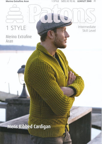 Mens Ribbed Cardigan with Shawl Collar in Patons Merino Extrafine Aran (3949)