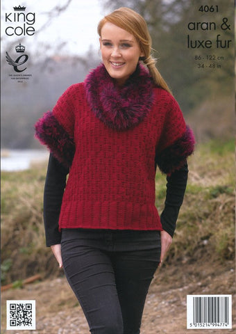 Sweater with Hood and Top with Separate Cowl in King Cole Aran and King Cole Luxe Fur (4061)