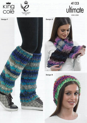 Neck Wrap, Hat, Scarf, Cowl, Cabled Shoulder Wrap and Leg Warmers in King Cole Ultimate Super Chunky (4123)