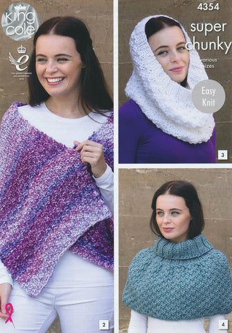 Scarf, Shoulder Wrap, Snood, Polo Shoulder Cover, Hat and Wrist Warmers in King Cole Big Value Super Chunky and Tints (4354)