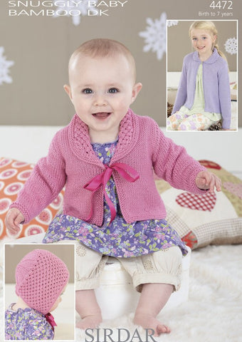 Round Neck and V-Neck Cardigans and a Bonnet in Sirdar Snuggly Baby Bamboo DK (4472)