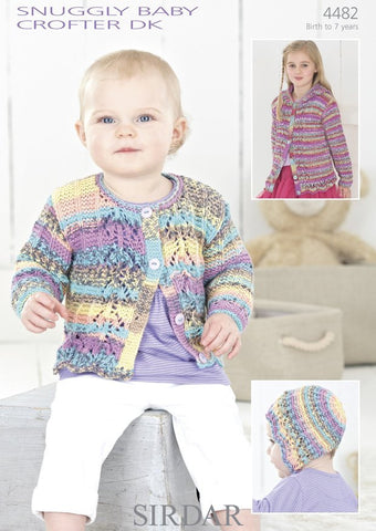 Girls Round Neck Cardigan, Hooded Cardgian and Matching Bonnet in Sirdar Snuggly Baby Crofter DK (4482)