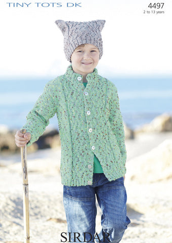 Boys Cable Cardigan and T-Bag Hat in Sirdar Tiny Tots DK (4497)