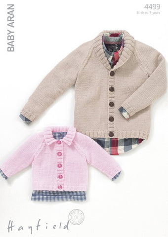 Boys Shawl Collared Cardigan and Girls Flat Collared Cardigan in Hayfield Baby Aran (4499)