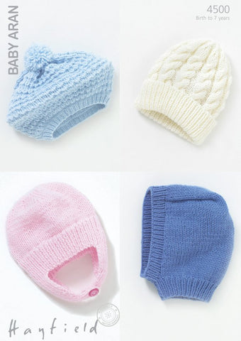 Baby Helmet, Beret, Balaclava and Pull-On Hat in Hayfield Baby Aran (4500)