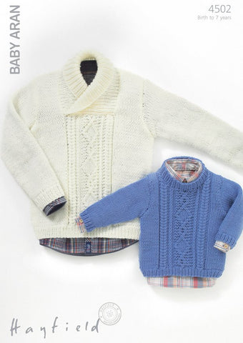Boys Round Neck and Wrap Neck Cable Sweaters in Hayfield Baby Aran (4502)