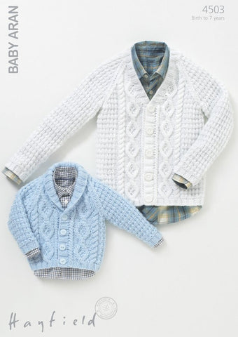 Boys V-Neck Cable and Shawl Collared Cardigans in Hayfield Baby Aran (4503)