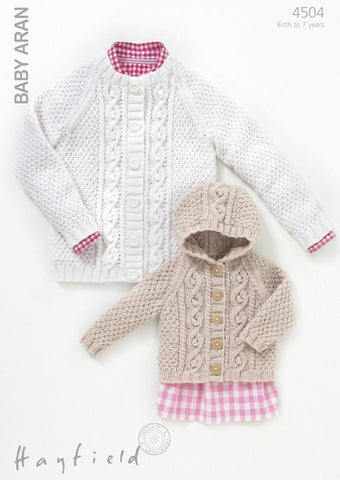 Girls Round Neck and Hooded Cardigans in Hayfield Baby Aran (4504)