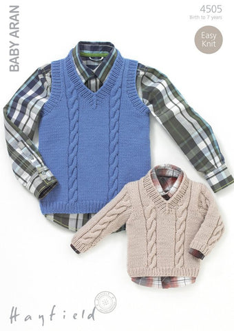 Boys V-Neck Cable Top and Sweater in Hayfield Baby Aran (4505)