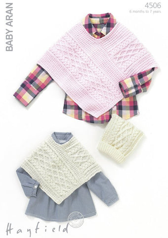 Girls Cable Poncho and Matching T-Bag Hat in Hayfield Baby Aran (4506)
