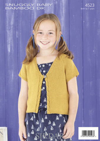 Girls Long and Short Sleeved V Neck Cardigans in Sirdar Snuggly Baby Bamboo DK (4523)