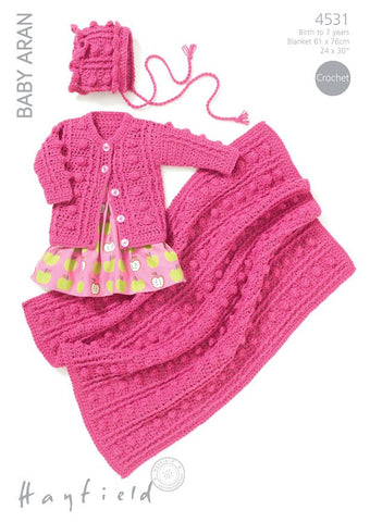 Girls Round Neck Cardigan, Bonnet and Blanket in Hayfield Baby Aran (4531)