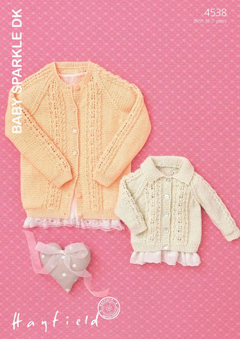 Babies & Girls Flat Collared and Round Neck Cardigans in Hayfield Baby Sparkle DK (4538)