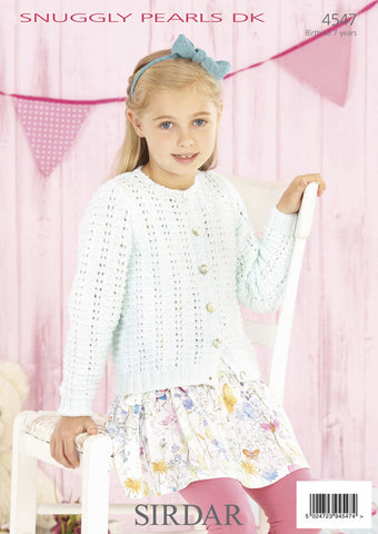 Girls Round Neck and Babies V Neck Cardigan in Sirdar Snuggly Pearls DK (4547)