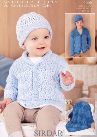 Shawl Collar Cardigan, Hat and Blanket in Sirdar Snuggly Bubbly DK and Snuggly DK (4558)