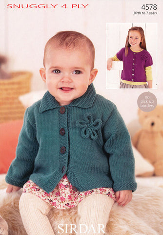 Girls Long Sleeved Flat Collared Cardigan and Short Sleeved Round Neck Cardigan in Sirdar Snuggly 4 Ply (4578)