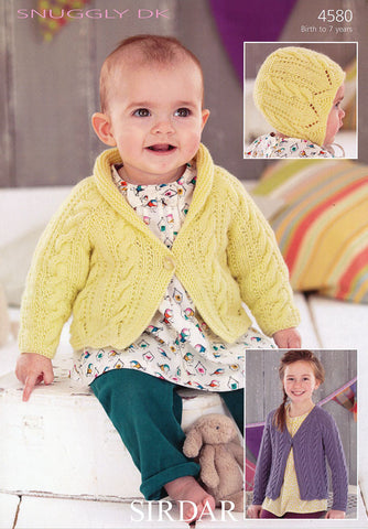 Girls Shawl Collared and V Neck Cardigans and Bonnet in Sirdar Snuggly DK (4580)