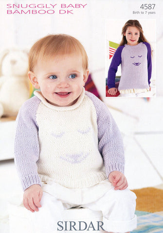 Girls Roll Neck and Round Neck Sweaters with Rabbit Face in Sirdar Snuggly Baby Bamboo DK (4587)