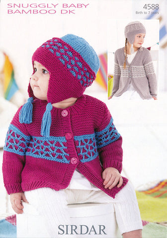 Girls Round Neck and V neck Cardigans with Matching Bonnets in Sirdar Sunggly Baby Bamboo DK (4588)
