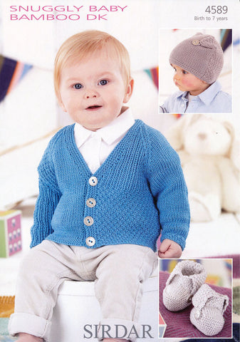 Boys Cardigan, Bootees and T-Bag Hat in Sirdar Snuggly Baby Bamboo DK (4589)