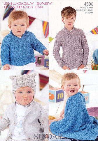 Boys Wrap Neck Sweater, T-Bag Hat and Blanket in Sirdar Snuggly Baby Bamboo DK (4590)