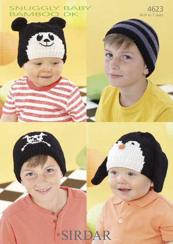 Panda,  Penguin, Crossbones and Striped Hats in Sirdar Snuggly Baby Bamboo DK (4623)