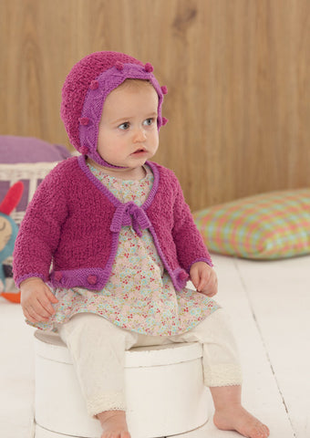 Baby Girls Cardigan, Bonnet, Shoes and Blanket in Sirdar Snuggly Snowflake Chunky and Snuggly DK (4650)